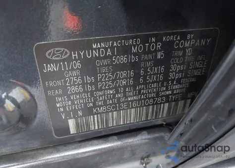 2006 Hyundai Santa Fe Gls/Limited z USA, uszkodzony, nr VIN KM8SC13E16U108783